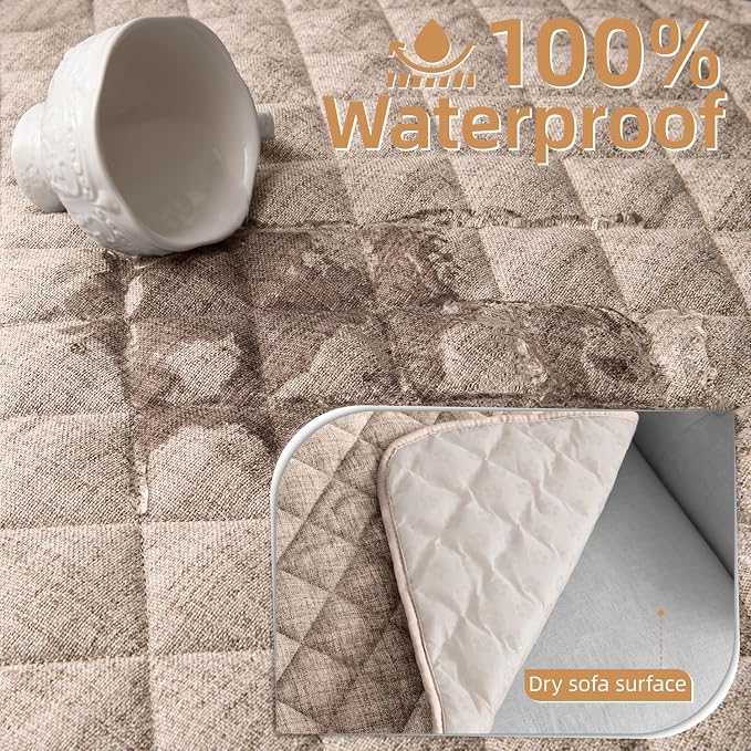 Dog Couch Cover for Sofa 100% Waterproof Faux Linen Sofa Covers for 3 Cushion - Image 3