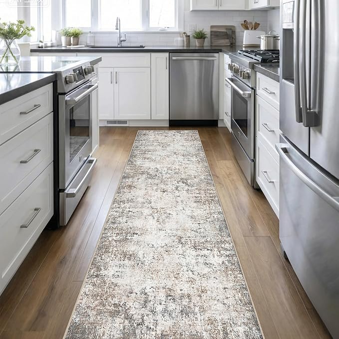 2.6x14 Washable Runner Rug:Modern Abstract Indoor Soft Carpet Brown | - Image 2