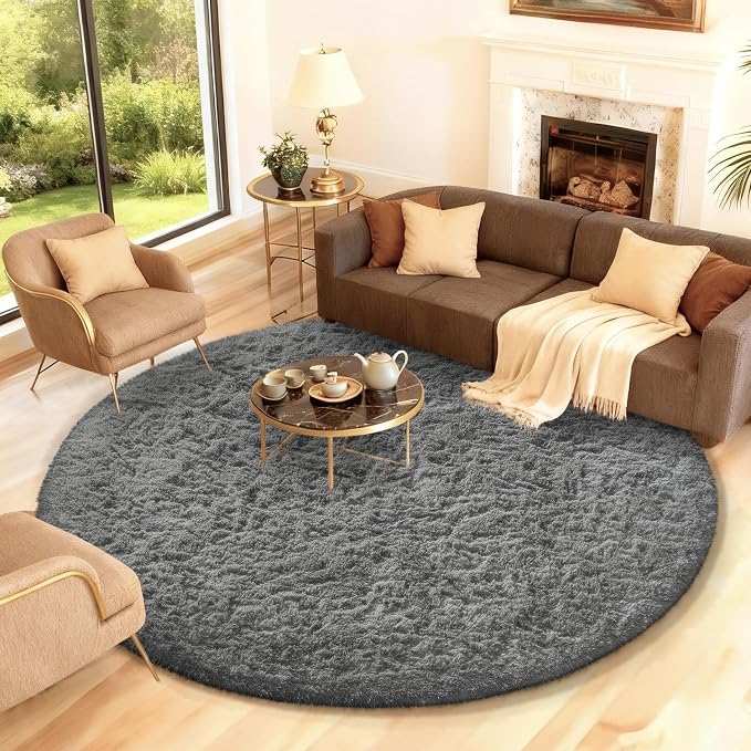 Ophanie Round Rug 7Ft Grey Circle Area Rugs, Large Fluffy Fuzzy Living Room by Ophanie