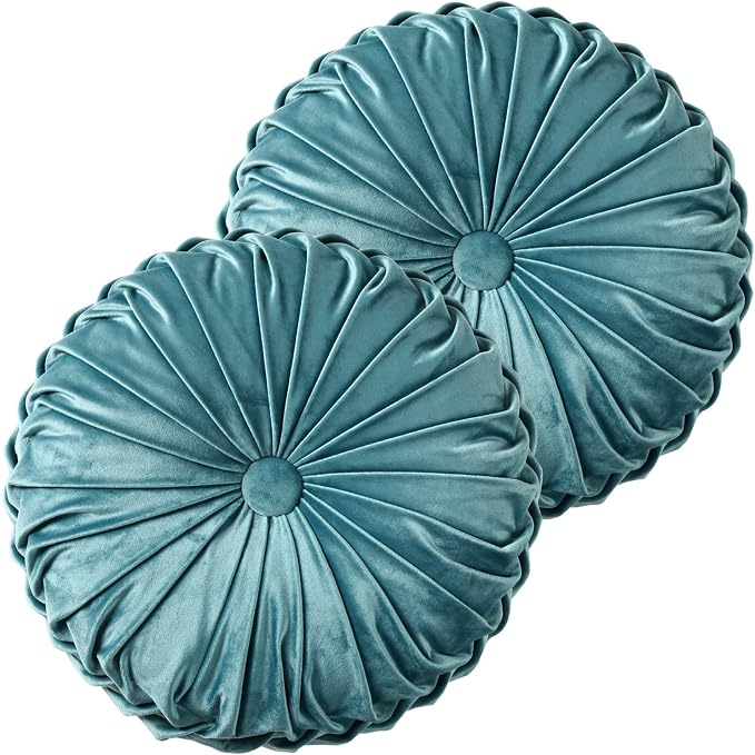 HIG Set of 2 Teal Velvet Decorative Round Pleated Throw Pillows | Vintage Floor by HIG