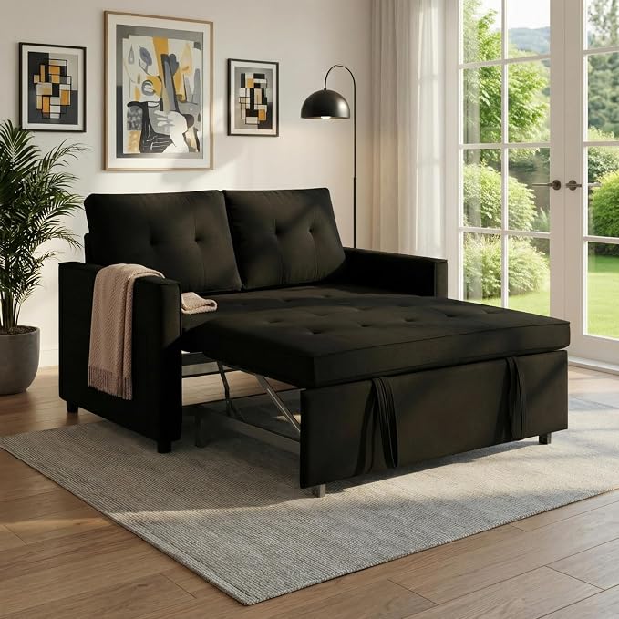Sofa Bed, Pull Out Couch with Side Pockets, 3 in 1 Velvet Fabric Loveseat - Image 9