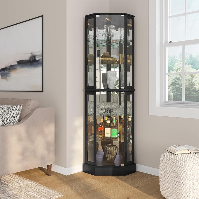 BELLEZE Lighted 3-Side Glass Display Curio Cabinet - Image 3