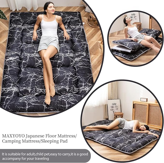 MAXYOYO Black Marble Printed Japanese Futon, Thicken Sleeping Pad Roll Up - Image 2