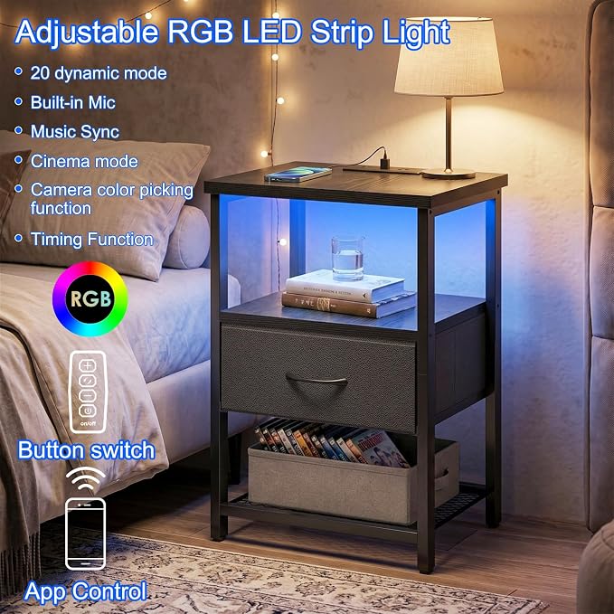 Fixwal Night Stand with Charging Station, LED Nightstand Side Table with Fabric - Image 4