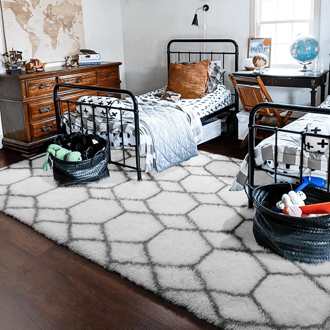 6x9 Area Rugs for Living Room Bedroom, Fluffy White and Grey Geometric Rug | - Image 8