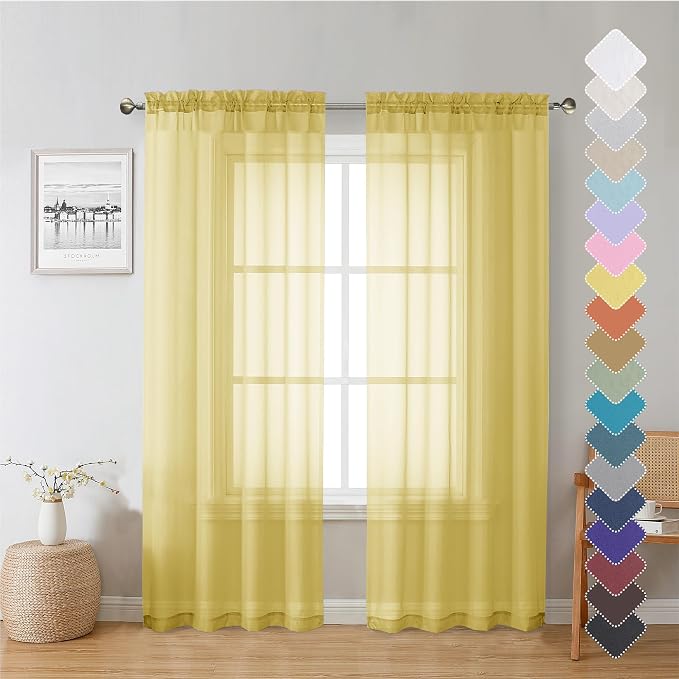 Yellow Sheer Curtains 72 Inches Long 2 Panels, Light Filtering Voile Window by Lecloud
