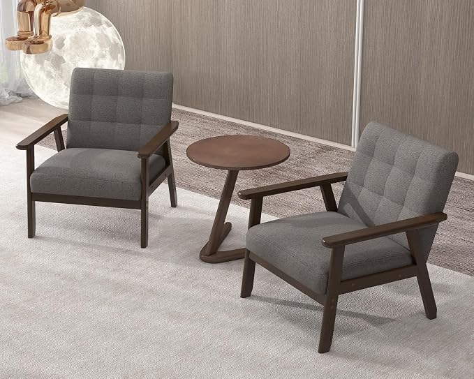Modern Accent Chair with Wooden Table, Upholstered Linen Fabric Leisure Side - Image 9