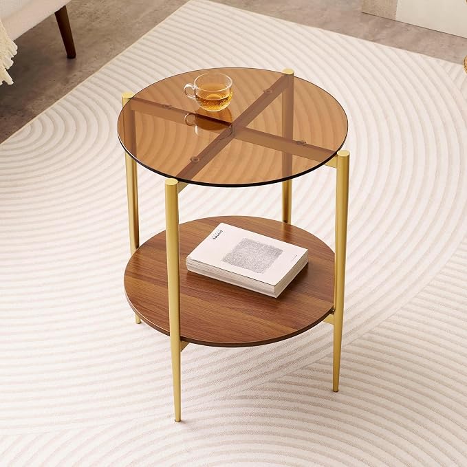 LumFurn Round Glass End Table, Mid-Century Modern Design Sofa Table by LumFurn