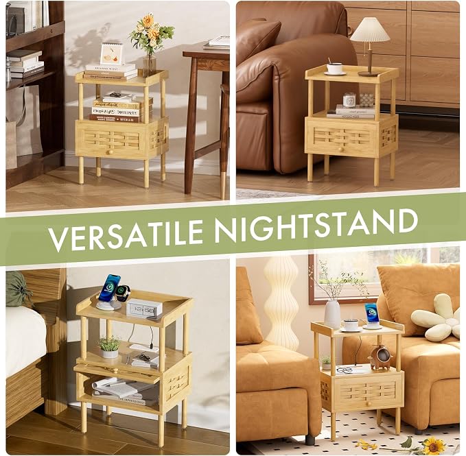 Amazer Nightstand with Charging Station, Bedside Table Bamboo with USB Ports & - Image 7