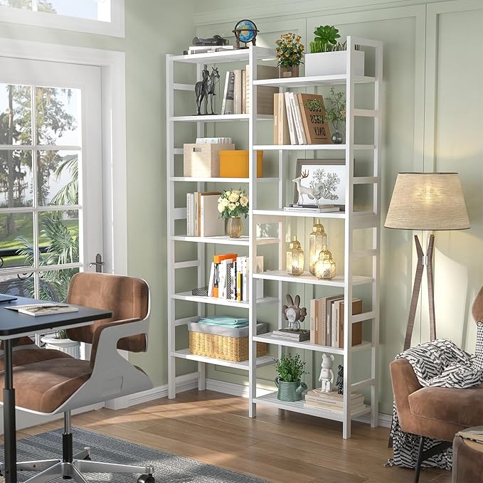 Homykic Double Wide Bamboo Bookshelf White, 6-Tier Large Open Bookcase - Image 2