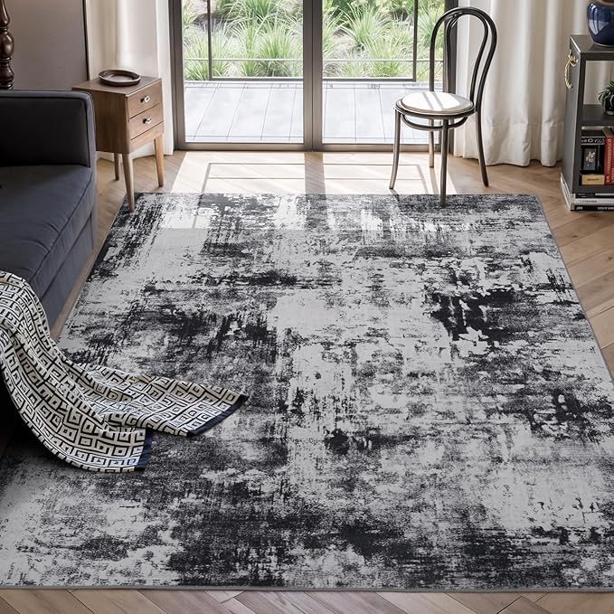 Rugflix 5x7 Area Rugs for Living Room, Washable Black Grey Dark Large Rug | by RugflixAreaRugs