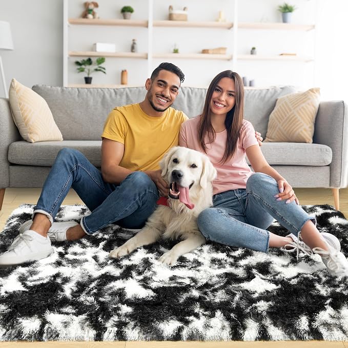 8x10 Extra Large Tie-Dyed Black and White Fluffy Area Rug Non-Slip - Image 2
