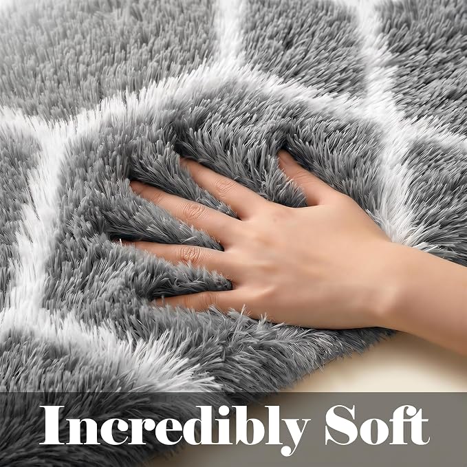 Area Rugs for Living Room, 7x10 Fluffy Grey and White Geometric Bedroom Rug | - Image 3