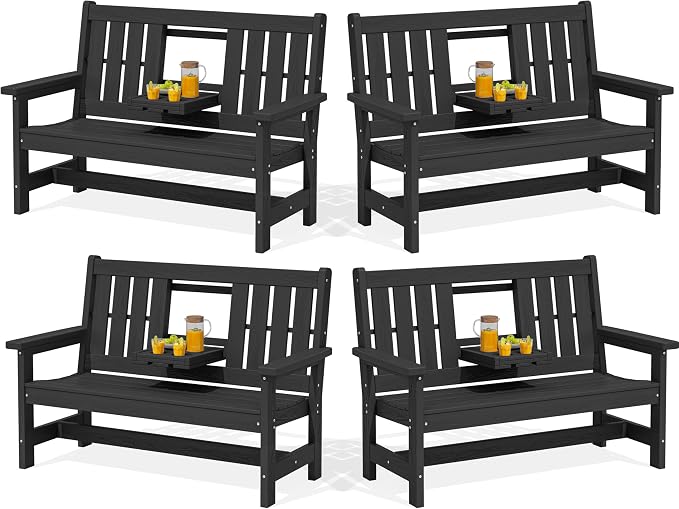 SERWALL Outdoor Bench with Cup Holder, Oversized 58" HDPE Porch Bench Suitable by SERWALL