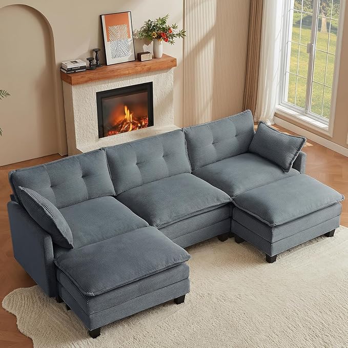 Amsleekey Modular Sectional Sofa, 111.5" U-Shaped Corduroy Comfy Sectional by Amsleekey