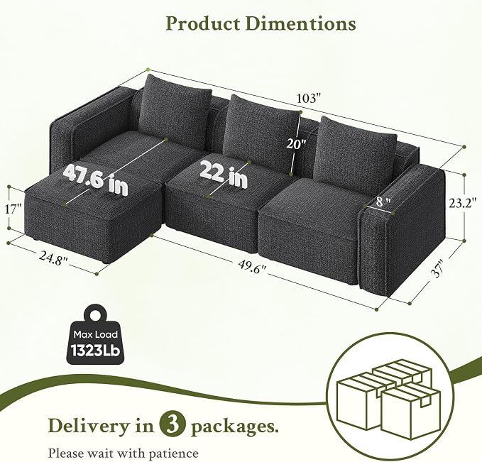 Welzona 103" Modular Sectional Sofa, Minimalist Comfy Cloud Couch Sectional - Image 2