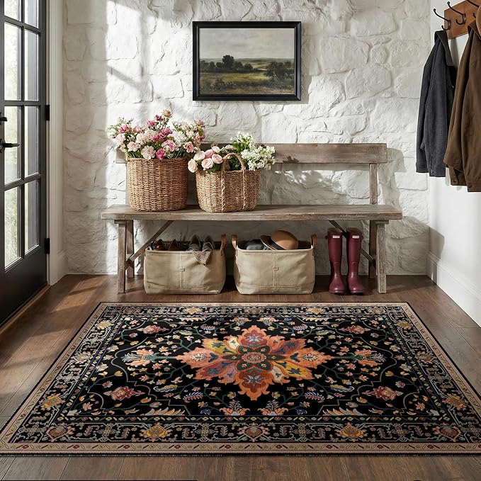 RELEANY Washable Area Rug, Water Repellent, Pet Friendly, Vintage Floral Boho - Image 2