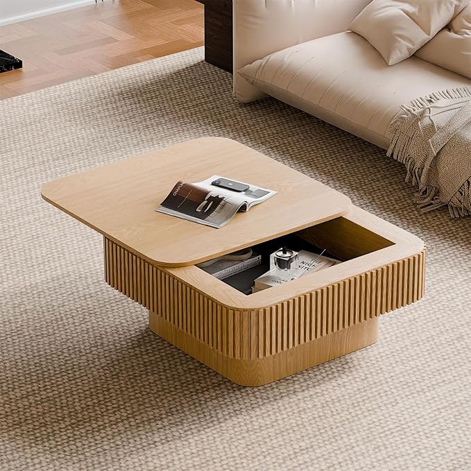 Square Coffee Table for Living Room, Fluted Drum Accent Tea Center Table by Unknown