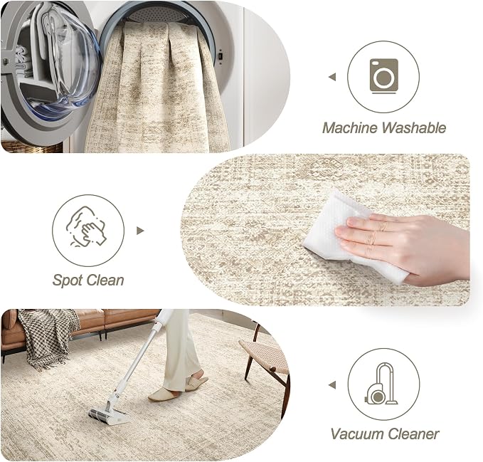 Soalmost 2x3 Washable Rugs for Kitchen, Small Area Rug Beige | Non-Slip Vintage - Image 4