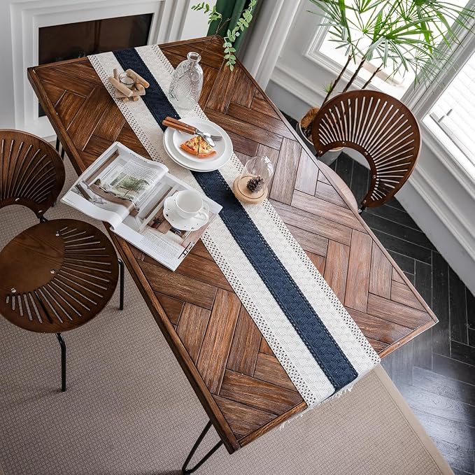 Macrame Table Runner Cream Beige and Blue Boho Table Runners - Image 6