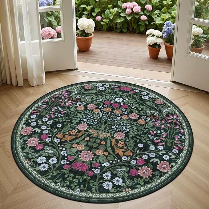 PLHXFR Round Area Rug Living Room: 4 ft Floral Washable Carpet Dark Green | - Image 2