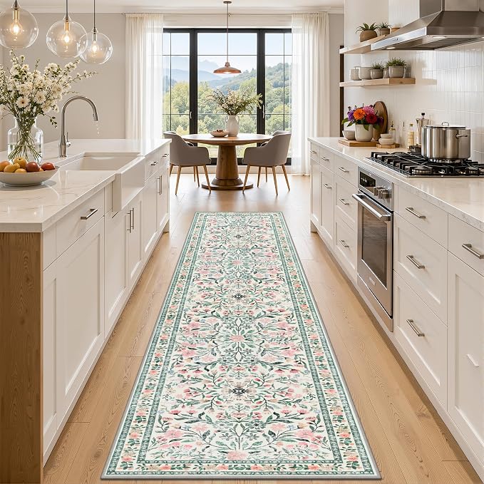 PLHXFR 3x10 Washable Runner Rug：Floral Indoor Kitchen Carpet Green Beige | by PLHXFRSoftAreaRugs