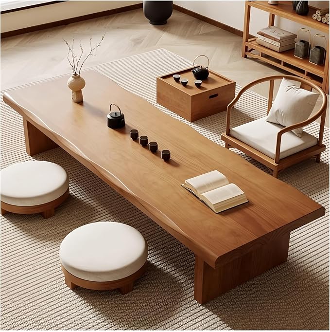 200 cm Solid Wood Low Coffee Table in Japanese Style, Tatami Meditation Table by Unknown