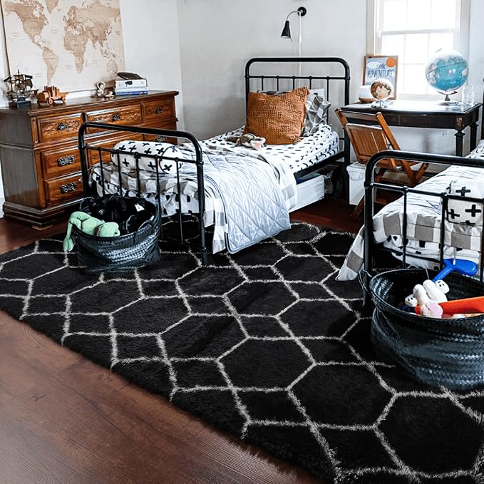 Area Rugs for Living Room, 7x10 Fluffy Black and White Modern Bedroom Rug | - Image 9