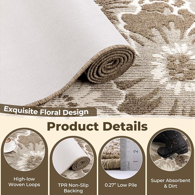 Findosom Hallway Runner Rug 2x10, Non Slip High-Low Textured Floral Washable - Image 6