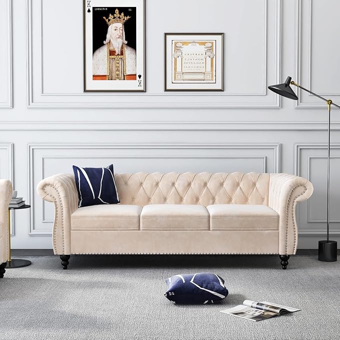 Chesterfield 3 Seater Sofa, Modern Velvet Tufted Couch 3 Seater by RUSTYER