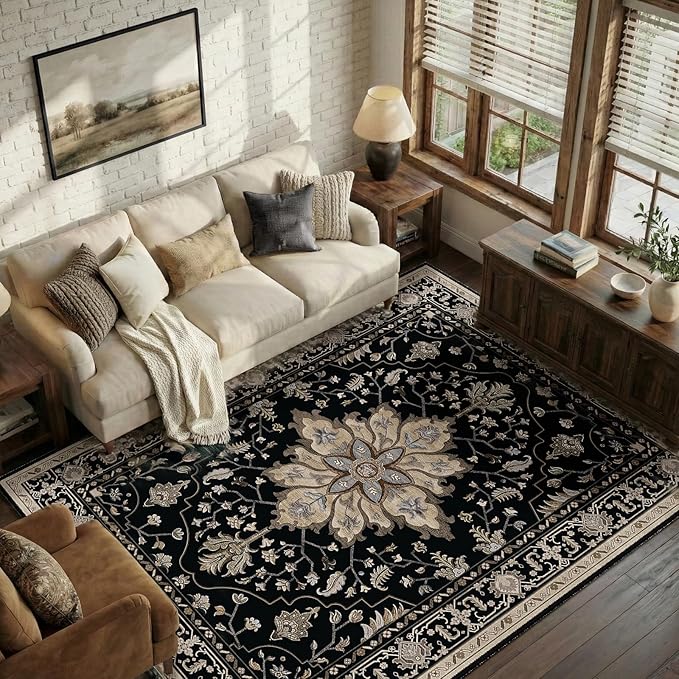 RELEANY Area Rugs 5'x7' Washable Non-Slip, Floral Vintage Distress Print by RELEANY