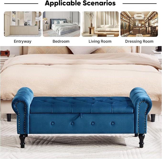 Storage Bench for Bedroom, Velvet 51" End of Bed Bench, Queen Size Bench - Image 6