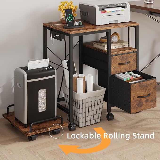 YAOHUOO Printer Stand with Power Outlet/Fabric Drawers, Printer Cabinet with - Image 2