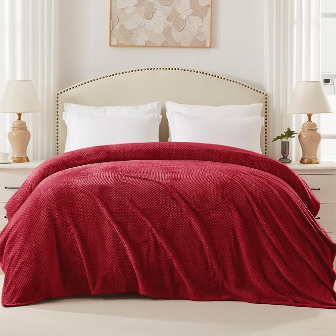 Exclusivo Mezcla Soft Waffle Fleece Bed Blanket Twin XL Size, Deep Red | - Image 3
