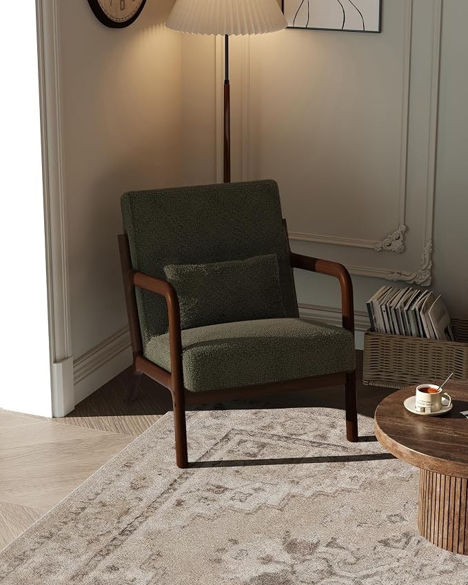 Garvee Mid-Century Modern Accent Chair, Sherpa Upholstery, Solid Wood Armchair by Garvee