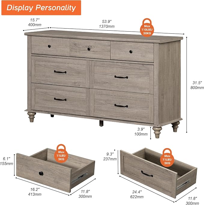 WAMPAT Grey 7 Drawers Dresser for Bedroom, Wide Chest of Drawers Kids Dresser - Image 2