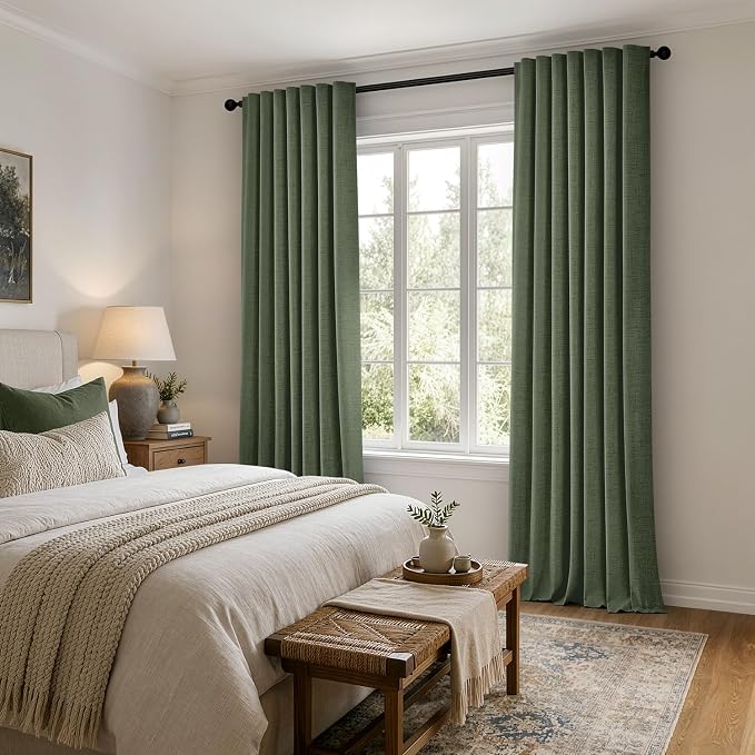 MIULEE 100% Blackout Linen Curtains 42 x 96 Inch Olive Green 2 Panels | Thermal - Image 8