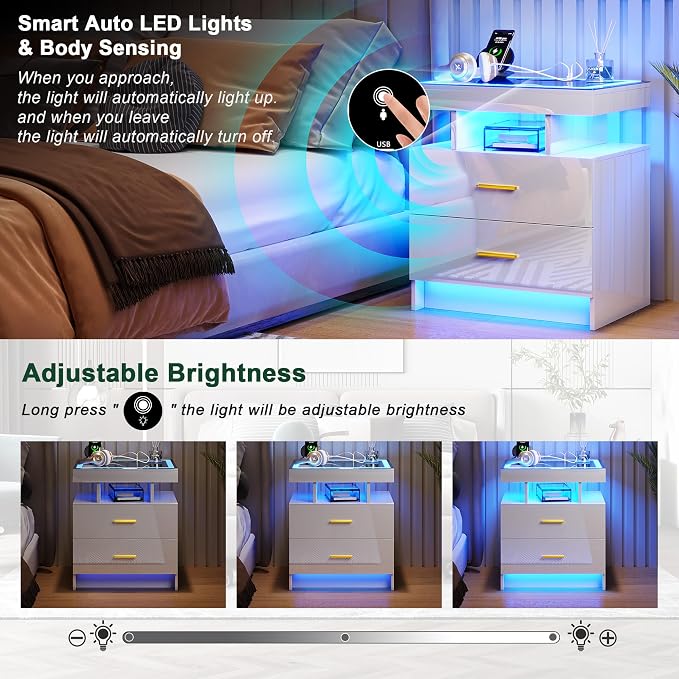 HNEBC Auto LED Nightstand Set of 2, High Gloss Bedside Table has 2 Drawers - Image 5