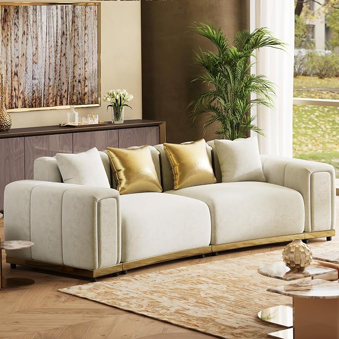 Oversized Chesterfield Sofa Set Luxury Velvet Couch Vintage Tufted Couch Beige - Image 6