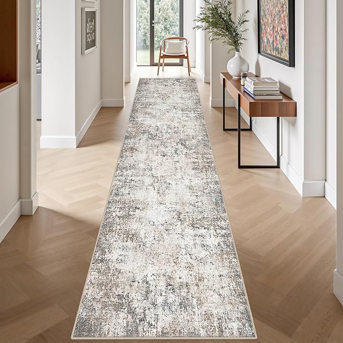 2.6x14 Washable Runner Rug:Modern Abstract Indoor Soft Carpet Brown | - Image 4