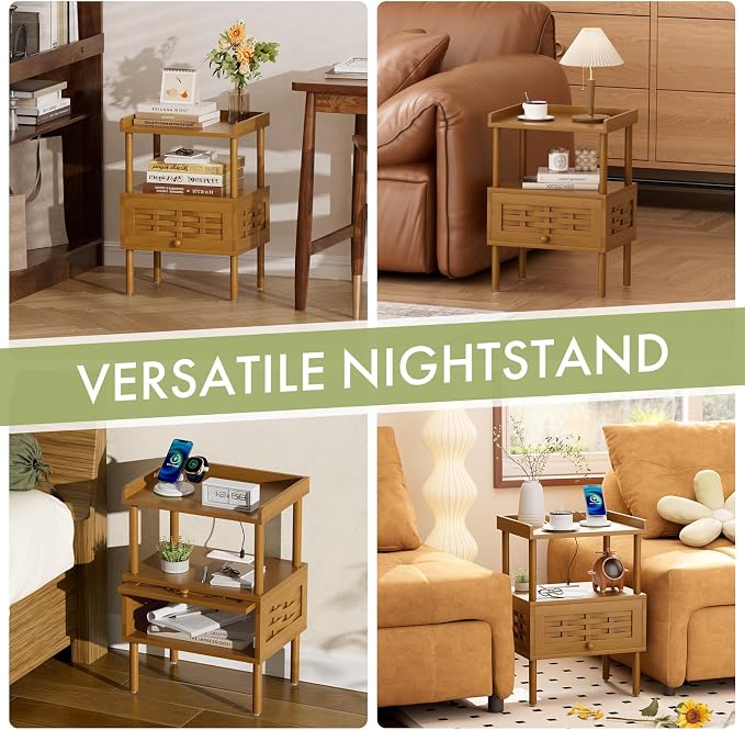 Amazer Walnut Nightstand with Charging Station, Bamboo Night Stand - Image 8