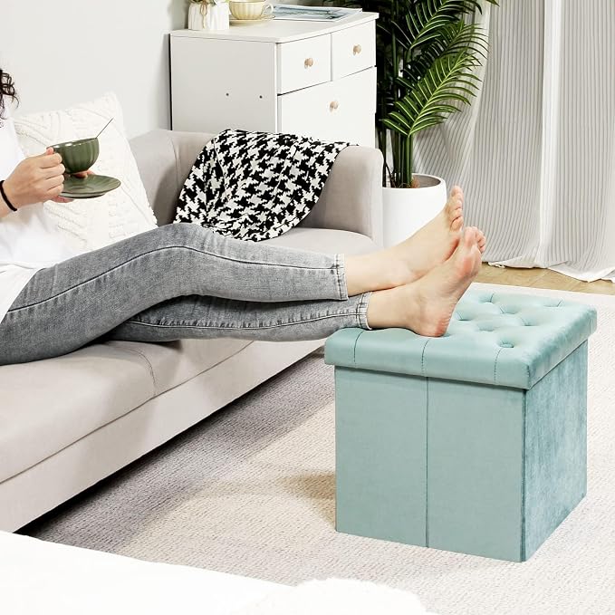 B FSOBEIIALEO Storage Ottoman Cube Velvet Tufted Folding Ottomans Footstool - Image 5