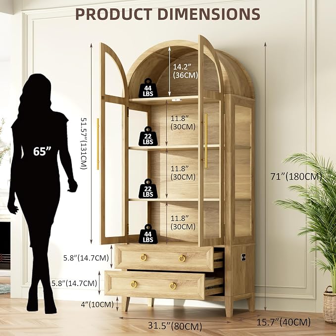 Arched Curio Cabinet with Glass Doors, 4-Tier Display Cabinet with 2 Drawers - Image 2