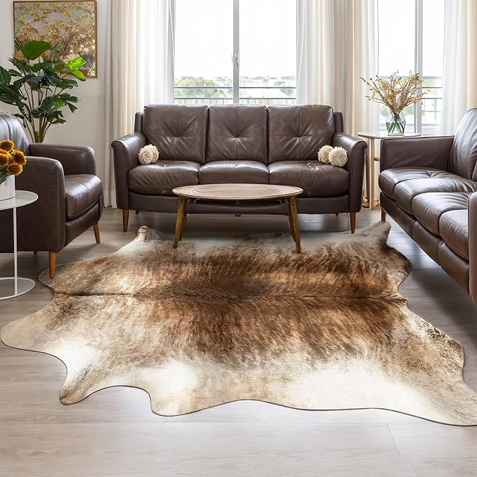 Western Faux Cowhide Rug, Animal Cow Hide Rug, 6.2 x 5.2 Ft Brownish | Premium by AROGANAREARUG