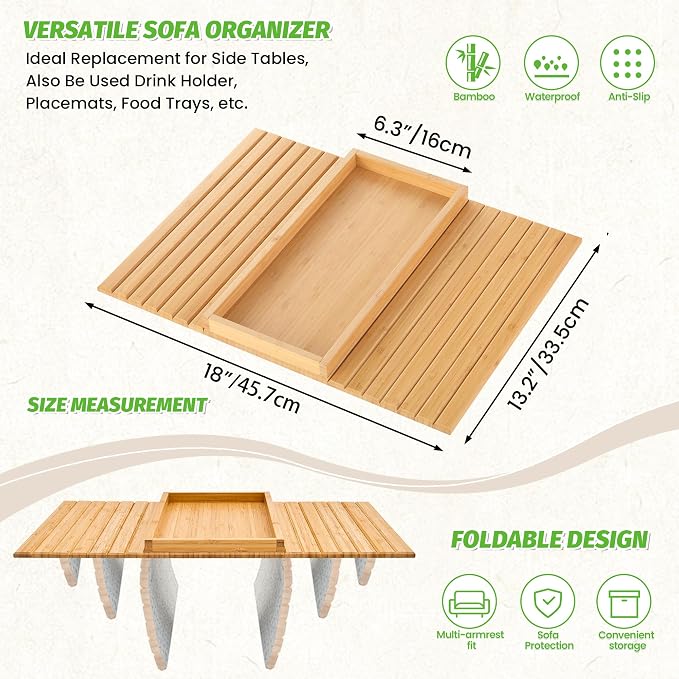 GEHE Bamboo Sofa Arm Tray, Foldable Couch Arm Tray Side Table, Anti-Falling - Image 9