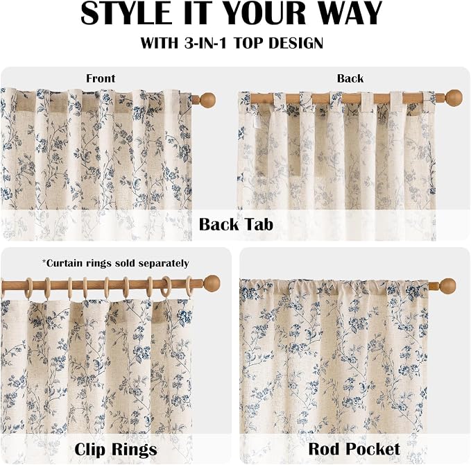 Blue Vintage Floral Linen Curtains Farmhouse 50W X 84L 2 Panels | Elisa Series - Image 5