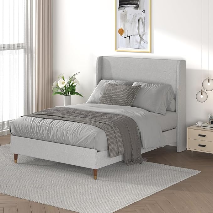 MALOL Full Size Bed Frame with Upholstered Headboard, Linen Fabric Platform Bed - Image 7