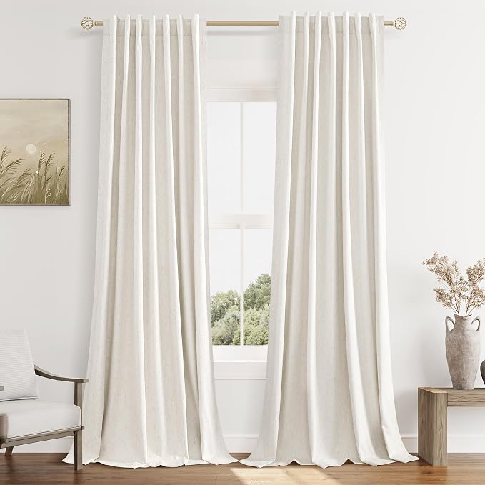Beige White 100% Blackout Linen Curtains 110 Inch Length 2 Panels Set by Guken