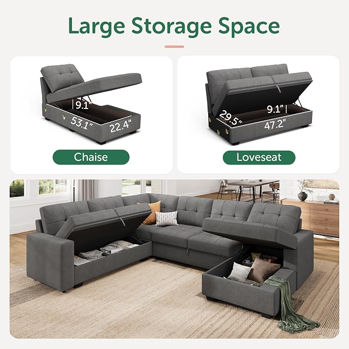 HONBAY Sleeper Sofa Bed with Storage Chaise, Sectional Couch with Pull Out Bed - Image 3