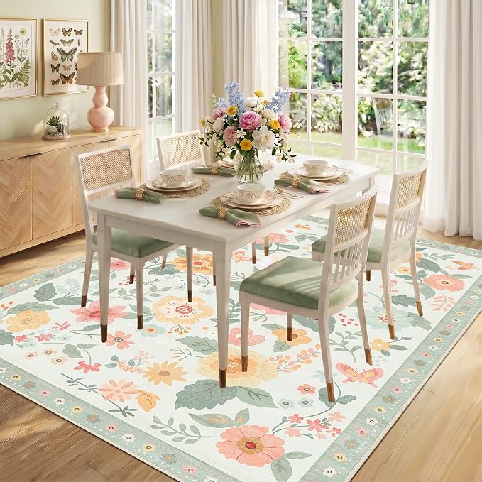 RELEANY Floral Washable 6x9 Area Rugs Beige/Green | Flower Carpet Print Boho - Image 6